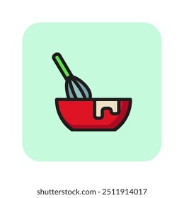 Wisk and bowl line icon. Making dough, baking, food preparation. Cooking concept. Vector illustration can be used for topics like food, kitchen, culinary