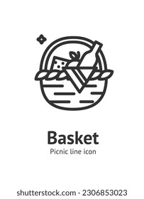 Wisker Basket for Picnic with Wine Bottle and Products Sign Thin Line Icon Emblem Concept. Vector illustration of Hamper