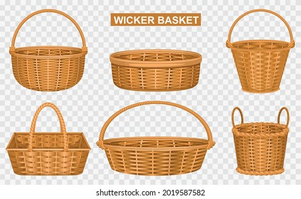 Wisker basket transparent set composition with baskets of different shape and color on transparent background with vector illustration