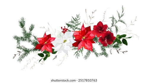 Wispy christmas greenery, red poinsettia, red amaryllis, pine, fir tree, dried winter berry vector design garland. Wedding or new year party invitation border. Watercolor style. Isolated and editable