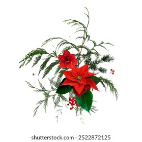 Wispy Christmas greenery, red poinsettia, red amaryllis, pine, fir tree, dried winter berry vector design garland. Wedding or new year party invitation border. Watercolor style. Isolated and editable