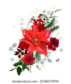 Wispy Christmas greenery, red poinsettia, red amaryllis, pine, fir tree, dried winter berry vector design garland. Wedding or new year party invitation border. Watercolor style. Isolated and editable