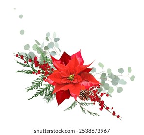 Wispy Christmas greenery, red poinsettia, red amaryllis, pine, fir tree, dried winter berry vector design garland. Wedding or new year party invitation border. Watercolor style. Isolated and editable