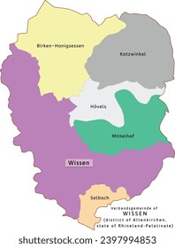 Wissen verbandsgemeinde map of Altenkirchen district Rhineland-Palatinate (Rheinland-Pfalz) state in Germany. Vectored. Retro colors