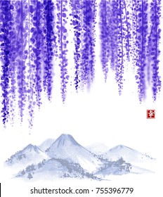 Wisteria blossom and far mountains. Traditional oriental ink painting sumi-e, u-sin, go-hua. Contains hieroglyph - happiness