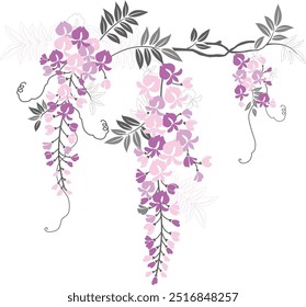 Ramo de Wisteria y hojas para la decoración del coche. Cartel elegante, Anuncio, fondo, volante. Cubierta para el diseño del menú, invitación de la boda, volante, cubierta del libro. Ilustración vectorial