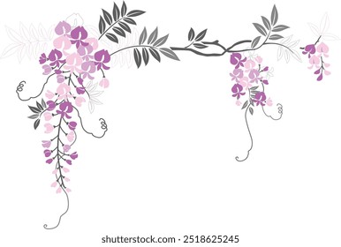 Buquê de Wisteria, folhas para decoração de cartão. Cartaz elegante, banner, fundo, folheto. Capa para design de menu, convite de casamento, folheto, capa de livro. Ilustração vetorial