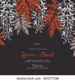Wisteria flower background. Valentine's Day or Wedding design template. Vintage greeting card with hand drawn bloomed tree sketch. Vector frame with delicate elements. Save the Date