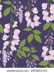 Wisteria flower. Seamless pattern for decorating all fashion designs, fabrics, wallpapers and prints on a dark background.