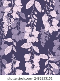 Wisteria flower shadow graphic design Seamless pattern for decorating all fashion designs, fabrics, wallpapers and prints on dark background.