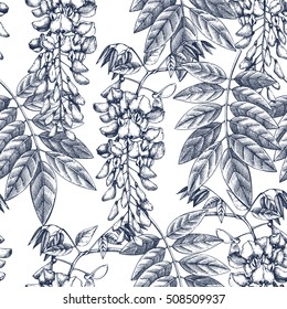 Wisteria flowers background in blue colors. Seamless pattern with hand drawn blossomed tree sketch. Vintage vector illustration. svg