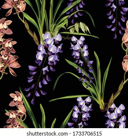 Wisteria flowers and orchid Cymbidium brown. Passiflora, wisteria and tropical leaves seamless pattern on the black backgroung.