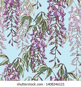 Wisteria Flowers Seamless Pattern. Hand Drawn Background.