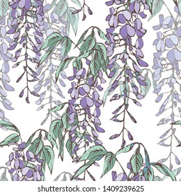 Wisteria Flowers Seamless Pattern. Hand Drawn Background.