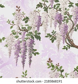 Wisteria Lilac Pretty Bright Floral and Botanical Chinoiserie and Oriental Bold Vintage Traditional Flower design pattern vector