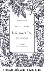 Wisteria sketch background. Valentine's Day card or invitation design with hand drawn tree in flowers. Vintage floral illustration. Wedding decor.