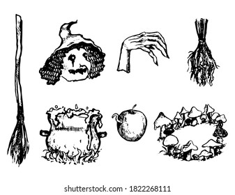 Witch accessories doodles set. Simple vector hand drawn illustrations. Collection of halloween drawings isolated on white. Black contour sketches for scary design, print, card, decor, poster, stickers