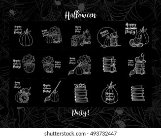 Witch accessories, hat, pot with potion, Wall Clock, pumpkin, candle,bottles for Happy Halloween holiday. White vector line art icons