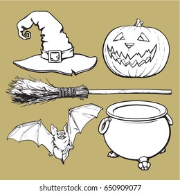 Witch accessories - pointed hat, caldron, jack o lantern, broom, bat, Halloween decoration elements, sketch vector illustration isolated on background. Set of hand drawn witch, Halloween objects