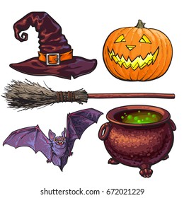 Witch accessories - pointed hat, caldron, jack o lantern, broom, bat, Halloween decoration elements, sketch vector illustration isolated on white background. Set of hand drawn witch, Halloween objects