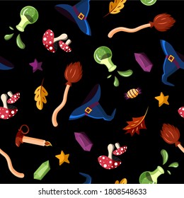Witch accessories seamless pattern. Happy Halloween background for wrapping paper. Broom, hat, candy, mushroom, poison, cristal illustrations isolated on black background.