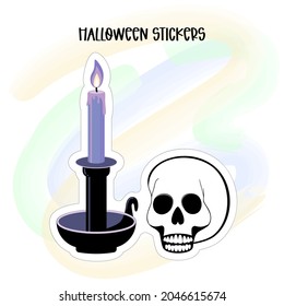 Witch accessories sticker. Old candle with scull, elements from mystery collection for Halloween party decoration, invitation card, print. Vector illustration.