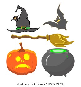 Witch accessories-magic cauldron, broom, Black bat, pumpkin, witch hat with spider. Halloween decoration elements. Set of Halloween objects