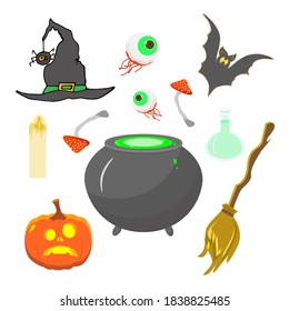 Witch accessories-magic cauldron, Fly-agarics, Torn eyeball, burning candle ,broom, chemical flasks, Black bat, witch hat with spider. Halloween decoration elements. Set of Halloween objects