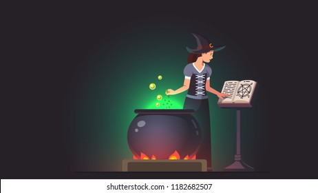 Witch adding poison ingredient to potion brew in boiling cauldron on fire and reading magic spells from grimoire book. Witch alchemy. Halloween holiday witchcraft flat vector illustration