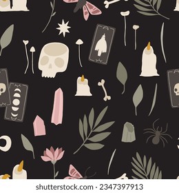 Patrón inoxidable de la estética de la bruja. La magia de la bruja verde misteriosa potencia elementos. Signos místicos, símbolos, cartas de tarot. Ilustración vectorial. Fondo de brujería. Esotéricos, elementos dibujados a mano
