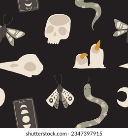 Witch aesthetic seamless pattern. Mystery green witch woman magic powers elements. Mystical signs, symbols, tarot cards. Vector illustration. Witchcraft background. Esoteric, hand drawn elements