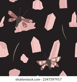 Witch aesthetic seamless pattern. Mystery green witch woman magic powers elements. Mystical crystals and butterfly. Vector illustration. Witchcraft magical background. Esoteric, hand drawn elements