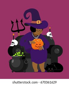 Witch African American with black cat. Halloween character. Skull and pot magic potion
