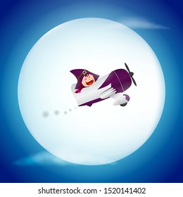 Witch with airplane flying on full moon background in Halloween night illustration vector