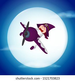 Witch with airplane flying on full moon background in Halloween night illustration vector