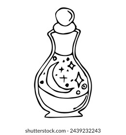 witch alchemical bottle with magic liquid inside. Hand drawn vector illustration in doodle style. Isolated on white.