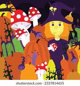 A witch among mushrooms, hairy hands, branches, taverns. Halloween illustration.