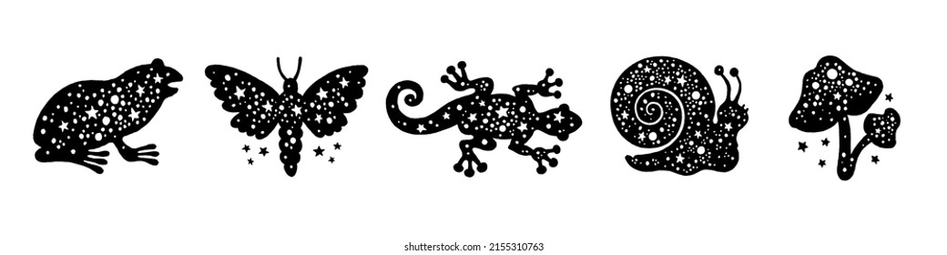 Witch animal vector. Toad frog lizard moth snail mushroom. Halloween black icon set. Isolated cartoon mystic silhouette collection. Alchemy symbols, magic witch reptile. Esoteric potion recipe element
