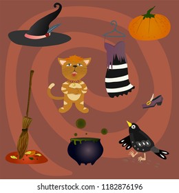 Witch Attributes for halloween. Cat, raven, hat, broom, pot of potions, attire, attributes of witchcraft. Spooky Halloween.