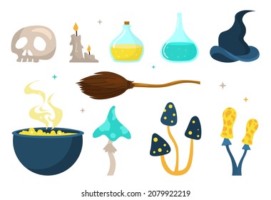 Witch attributes set. Collection of items for potions and witchcraft. Graphic elements for website. Pictures for boys and girls. Cartoon flat vector illustrations isolated on white background