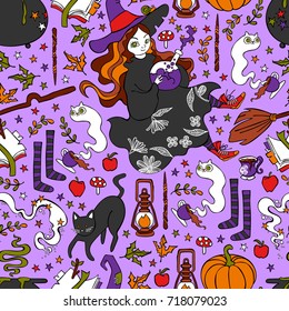 Witch. Autumn leaves. Halloween pumpkin. Star Print. Seamless vector pattern (background).