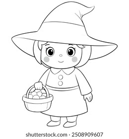 Witch with basket of candies, black and white line art, coloring page, isolated halloween design. Autumn-themed graphics, Halloween decorations, or educational materials
