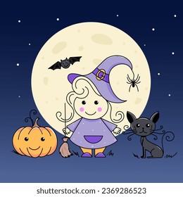 A witch, a bat, a black cat and a pumpkin against a background of starry sky and moon. Halloween-themed design set. Postcard, invitation to the evening of all saints. 