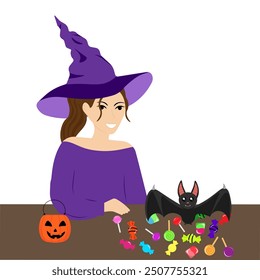 Witch with bat eating candy for halloween