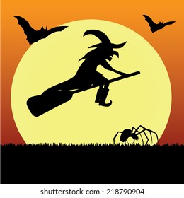 Witch with bat, ghost and spider silhouettes on Halloween