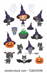 Witch, bat, owl, pumpkin, black cat, goat and other traditional elements of Halloween. Vector set of characters and icons in cartoon style.