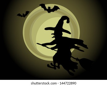 Witch and bats against the full moon