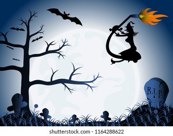Witch and Bats in the cemetery on the Halloween night.