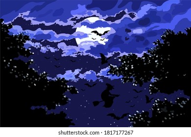 Witch and bats on the night of the full moon. The loneliness is frightening on the night of Helloween.