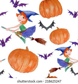 Witch and bats watercolor seamless pattern. Halloween texture.